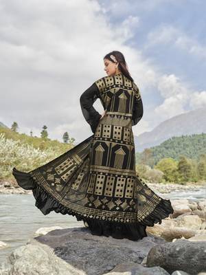 Black sequence embroidered faux georgette jacket style palazzo suit semi stitched 5