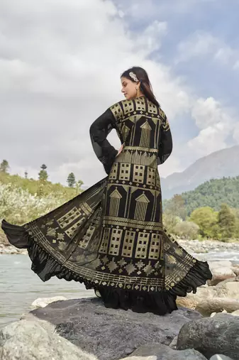 Black sequence embroidered faux georgette jacket style palazzo suit semi stitched