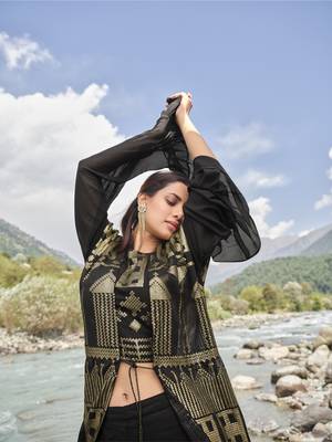 Black sequence embroidered faux georgette jacket style palazzo suit semi stitched 6