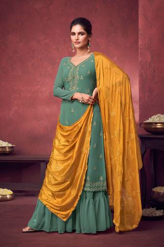 Green Embroidered Georgette Semi Stitched Straight Suit. Up To 42" Size