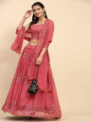 Pink Embroidered Sequine work Faux Georgette Fabric Party wear Lehenga Choli with Dupatta. 1