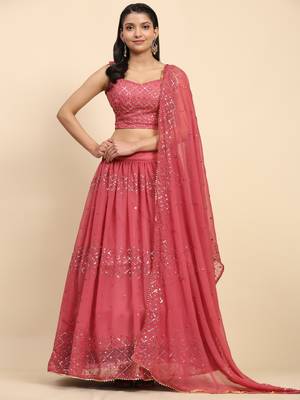 Pink Embroidered Sequine work Faux Georgette Fabric Party wear Lehenga Choli with Dupatta. 2