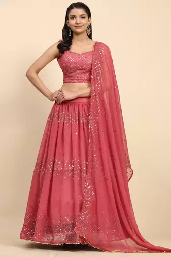 Pink Embroidered Sequine work Faux Georgette Fabric Party wear Lehenga Choli with Dupatta.