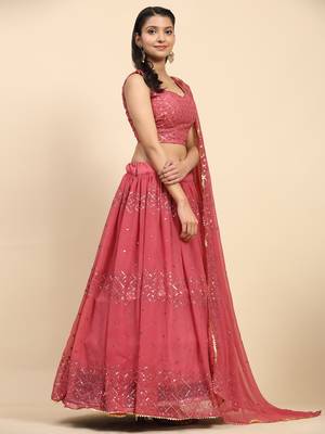 Pink Embroidered Sequine work Faux Georgette Fabric Party wear Lehenga Choli with Dupatta. 3