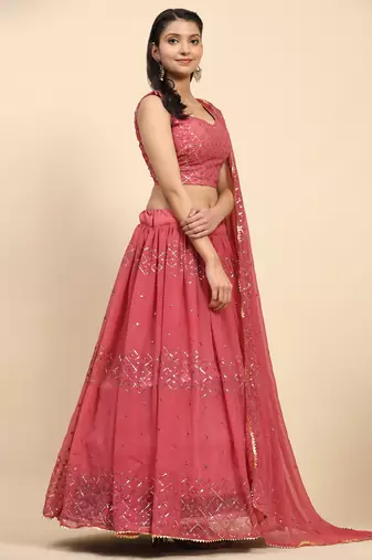 Pink Embroidered Sequine work Faux Georgette Fabric Party wear Lehenga Choli with Dupatta.