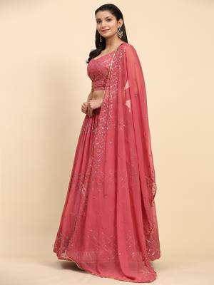 Pink Embroidered Sequine work Faux Georgette Fabric Party wear Lehenga Choli with Dupatta. 4