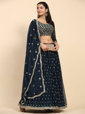 Turquoise Embroidered Sequine work Faux Georgette Fabric Party wear Lehenga Choli with Dupatta. 2