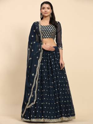 Turquoise Embroidered Sequine work Faux Georgette Fabric Party wear Lehenga Choli with Dupatta. 1