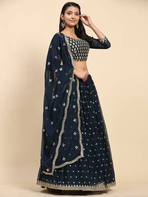 Turquoise Embroidered Sequine work Faux Georgette Fabric Party wear Lehenga Choli with Dupatta. 3