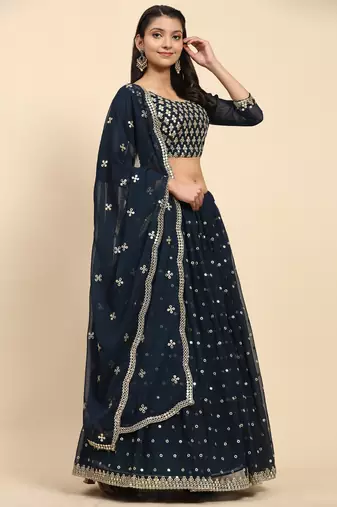 Turquoise Embroidered Sequine work Faux Georgette Fabric Party wear Lehenga Choli with Dupatta.