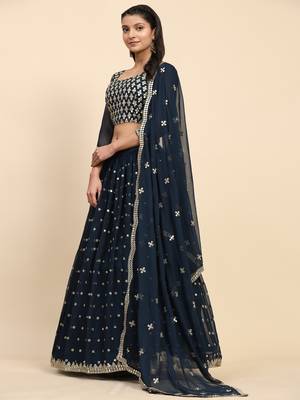 Turquoise Embroidered Sequine work Faux Georgette Fabric Party wear Lehenga Choli with Dupatta. 4