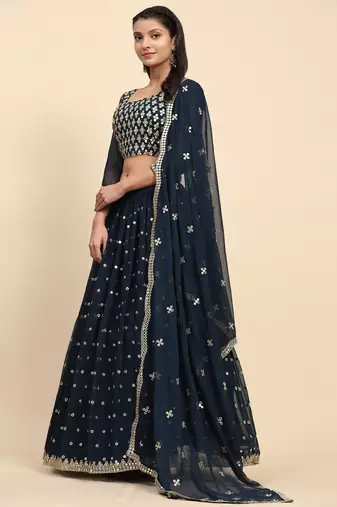 Turquoise Embroidered Sequine work Faux Georgette Fabric Party wear Lehenga Choli with Dupatta.