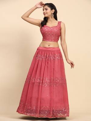 Pink Embroidered Sequine work Faux Georgette Fabric Party wear Lehenga Choli with Dupatta. 5