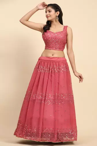 Pink Embroidered Sequine work Faux Georgette Fabric Party wear Lehenga Choli with Dupatta.