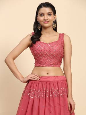 Pink Embroidered Sequine work Faux Georgette Fabric Party wear Lehenga Choli with Dupatta. 6