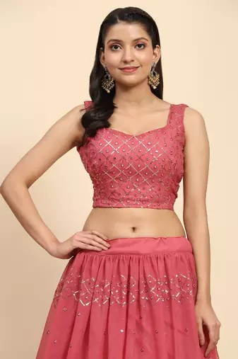 Pink Embroidered Sequine work Faux Georgette Fabric Party wear Lehenga Choli with Dupatta.
