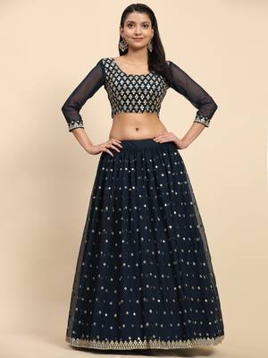 Turquoise Embroidered Sequine work Faux Georgette Fabric Party wear Lehenga Choli with Dupatta. 5