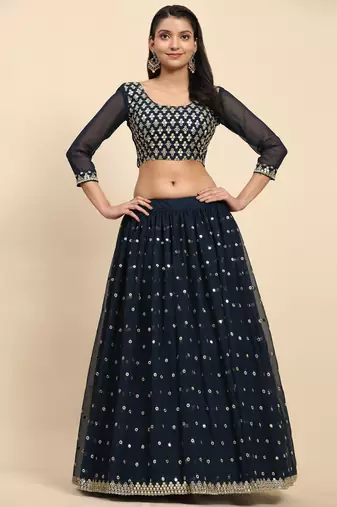 Turquoise Embroidered Sequine work Faux Georgette Fabric Party wear Lehenga Choli with Dupatta.