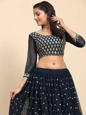 Turquoise Embroidered Sequine work Faux Georgette Fabric Party wear Lehenga Choli with Dupatta. 6