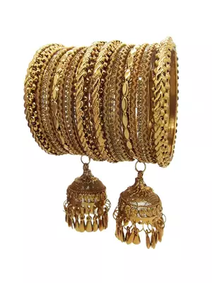  antique gold plated cz stone studded broad thin 18 pcs jhumka latkan bangles chuda set 1