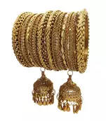  antique gold plated cz stone studded broad thin 18 pcs jhumka latkan bangles chuda set