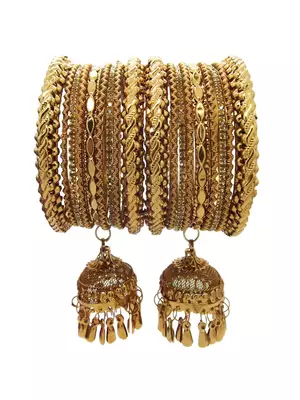  antique gold plated cz stone studded broad thin 18 pcs jhumka latkan bangles chuda set 2