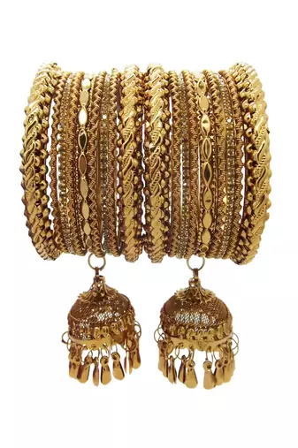  antique gold plated cz stone studded broad thin 18 pcs jhumka latkan bangles chuda set