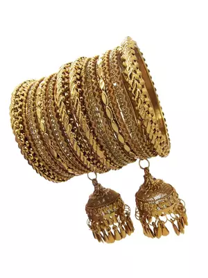  antique gold plated cz stone studded broad thin 18 pcs jhumka latkan bangles chuda set 3