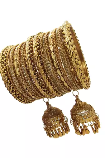  antique gold plated cz stone studded broad thin 18 pcs jhumka latkan bangles chuda set