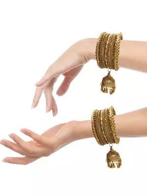  antique gold plated cz stone studded broad thin 18 pcs jhumka latkan bangles chuda set 4