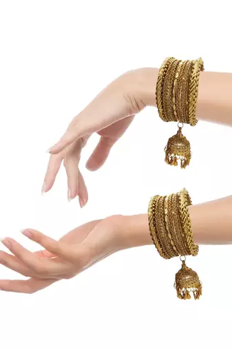  antique gold plated cz stone studded broad thin 18 pcs jhumka latkan bangles chuda set