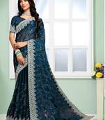 Teal Blue Sequin Zari Coding Embroidered Border Organza Silk Saree With Blouse Piece