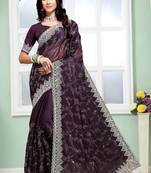 Purple Sequin Zari Coding Embroidered Border Organza Silk Saree With Blouse Piece