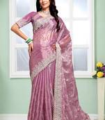 Pink Sequin Zari Coding Embroidered Border Organza Silk Saree With Blouse Piece