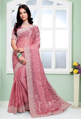 Pink Sequence Zari Coding Embroidered Border Organza Silk Saree With Blouse Piece 1