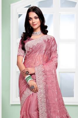 Pink Sequence Zari Coding Embroidered Border Organza Silk Saree With Blouse Piece 2
