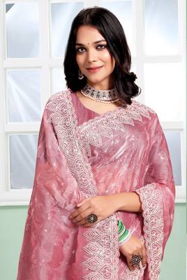 Pink Sequence Zari Coding Embroidered Border Organza Silk Saree With Blouse Piece 3