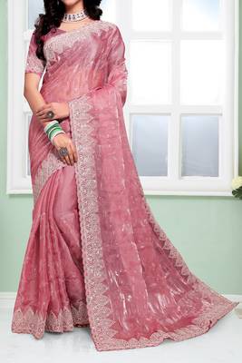 Pink Sequence Zari Coding Embroidered Border Organza Silk Saree With Blouse Piece 4