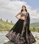 BLACK SEQUINS AND THREAD EMBROIDERED FAUX GEORGETTE FESTIVE & PARTY WEAR SEMI STITCHED LEHENGA