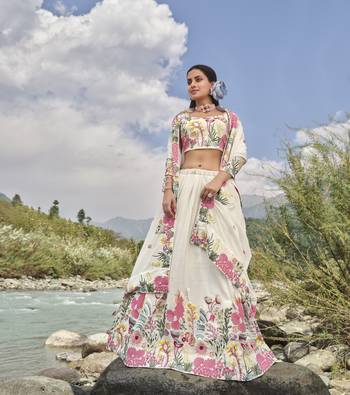 WHITE SEQUINS AND THREAD EMBROIDERED FAUX GEORGETTE FESTIVE & PARTY WEAR SEMI STITCHED LEHENGA 1
