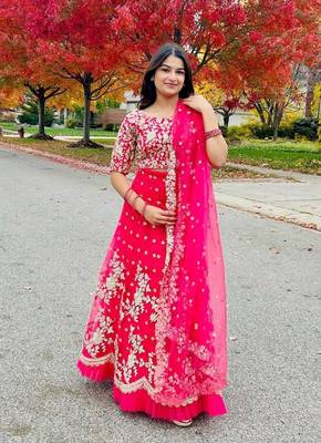 PINK SEQUINS AND DORI EMBROIDERED SOFT NET FESTIVE & PARTY WEAR SEMI STITCHED LEHENGA 1