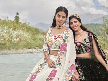 WHITE SEQUINS AND THREAD EMBROIDERED FAUX GEORGETTE FESTIVE & PARTY WEAR SEMI STITCHED LEHENGA 3