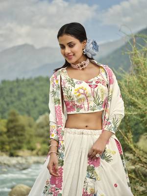 WHITE SEQUINS AND THREAD EMBROIDERED FAUX GEORGETTE FESTIVE & PARTY WEAR SEMI STITCHED LEHENGA 5