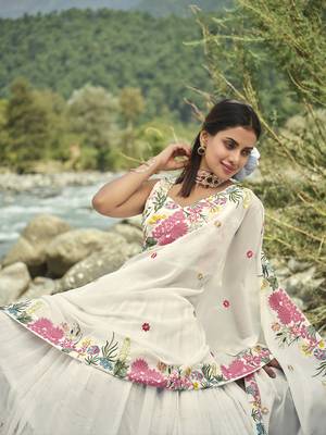 WHITE SEQUINS AND THREAD EMBROIDERED FAUX GEORGETTE FESTIVE & PARTY WEAR SEMI STITCHED LEHENGA 6
