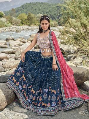 BLUE SEQUINS AND THREAD EMBROIDERED FAUX GEORGETTE FESTIVE & PARTY WEAR SEMI STITCHED LEHENGA 1