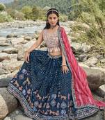 BLUE SEQUINS AND THREAD EMBROIDERED FAUX GEORGETTE FESTIVE & PARTY WEAR SEMI STITCHED LEHENGA