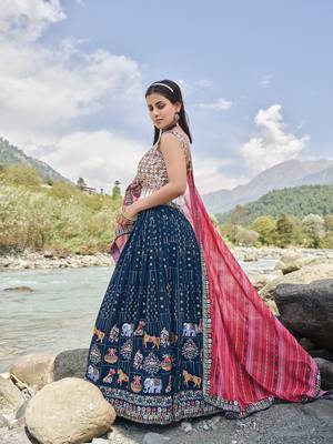 BLUE SEQUINS AND THREAD EMBROIDERED FAUX GEORGETTE FESTIVE & PARTY WEAR SEMI STITCHED LEHENGA 4