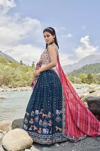 BLUE SEQUINS AND THREAD EMBROIDERED FAUX GEORGETTE FESTIVE & PARTY WEAR SEMI STITCHED LEHENGA