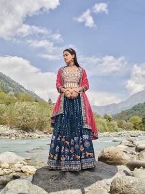 BLUE SEQUINS AND THREAD EMBROIDERED FAUX GEORGETTE FESTIVE & PARTY WEAR SEMI STITCHED LEHENGA 5