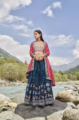 BLUE SEQUINS AND THREAD EMBROIDERED FAUX GEORGETTE FESTIVE & PARTY WEAR SEMI STITCHED LEHENGA